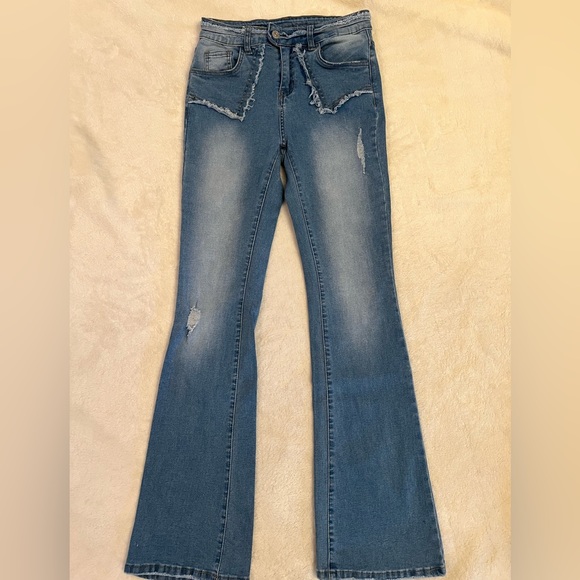 SHEIN Blue Distressed Flare Jeans Size Small, 30” Inseam Y2K Retro Boho Denim - Picture 2 of 8